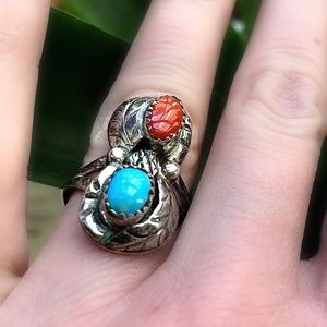 Native American vintage sister stone ring turquoise, coral, sterling  Whitegoat